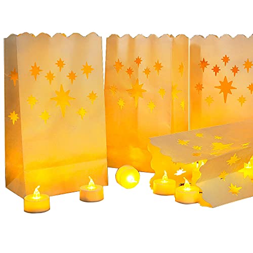 AceList 50 Set LED Candles with Luminaries Bags,Paper Luminary Bags Flickering Tea Light Battery Operated for Wedding Party,Halloween,Christmas,Decoration- Meteor