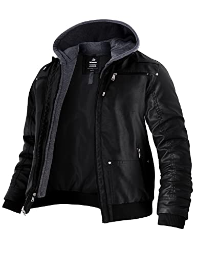 wantdo Men's Spring Motorcycle Leather Jacket with Hood Bombe Jacket Black Medium(Lightweight)