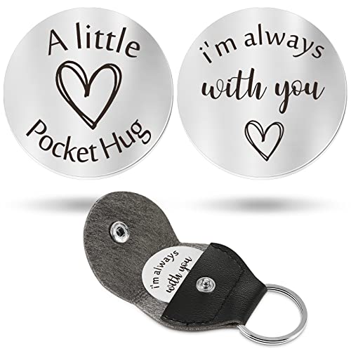 Pocket Hug Token Long Distance Relationship Keepsake Stainless Steel Double Sided Inspirational Gift with PU Leather Keychain (I'm Always with You)