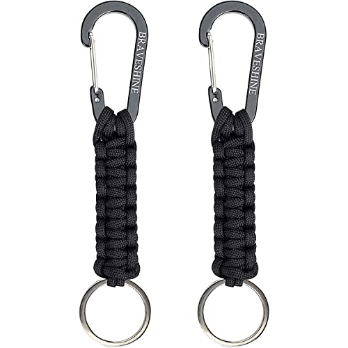 BRAVESHINE Keychain Hook with Paracord Strap 2 Pack Black Metal Key Ring Carabiner Hanger Para Cord D Locking Keyring Clip for Key, Backpacks, Boys, Girls, Men, Women, Camping, Hiking, Travailing