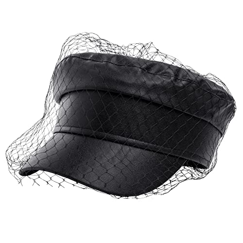 Beret Hats for Women PU Leather Newsboy Fiddler Cap with Veil Casual Baker Boy Captain Hat