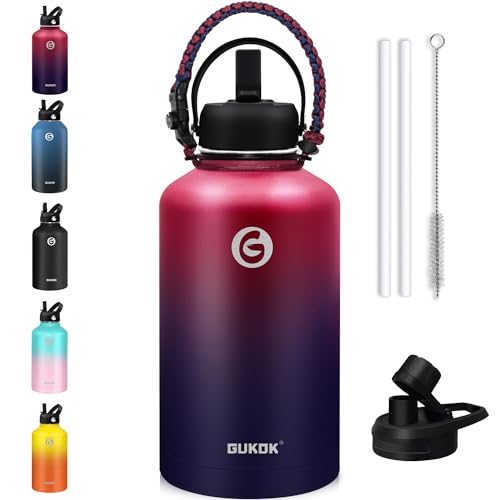 64 Oz Insulated Water Bottle With Straw & Paracord Handles & 2 Lids, Leak Proof Metal Water Jug, Hot Cold Stainless Steel Thermal Water Bottles, Half Gallon Large Water Flask for Sports, Gym