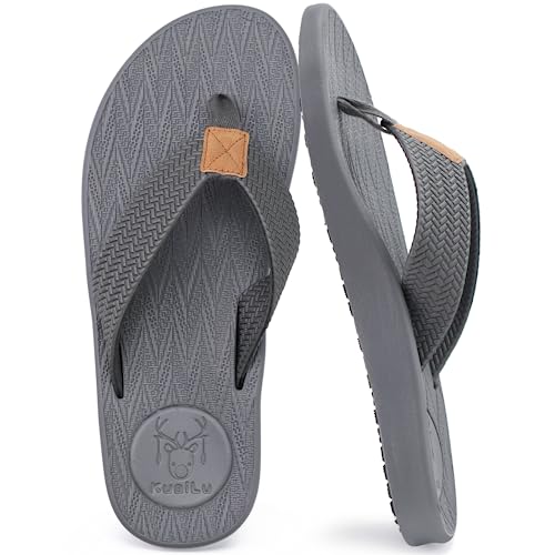 KuaiLu Mens Flip Flops Arch Support Comfortable Waterproof Open Toe Summer Beach Leather Thong Sandals Cushion Slip on Slippers Grey Size 10