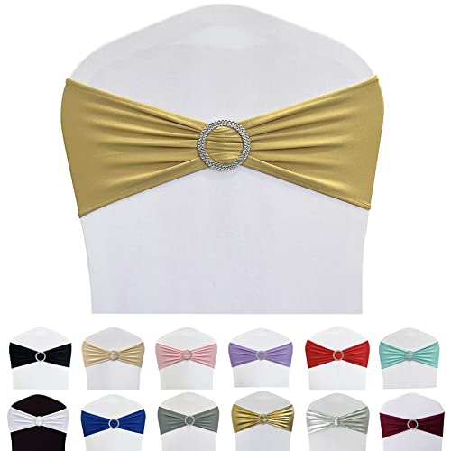 Maiangel Spandex Chair Sashes Bands 50PCS Stretch Chair Ties Bows with Buckle Slider for Wedding Party Banquet Decoration (Gold)