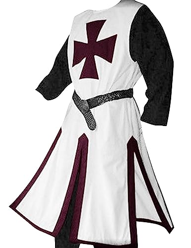 Ryannology Mens Crusader Costume Medieval Templar Renaissance Knight Warrior Tunic Retro Halloween Cosplay Top with Cross