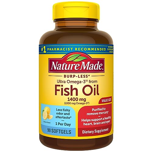 Nature Made Burp Less Ultra Omega 3 Fish Oil Supplements 1400 mg, Omega 3 Supplement for Healthy Heart, Brain and Eyes Support, One Per Day, 90 Softgels