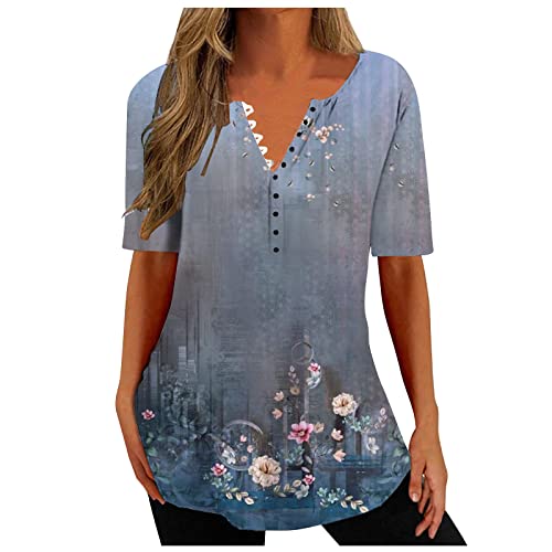Womens Tunic Tops Dressy Casual Boho Women Blouses for Work White Plus Size Cotton T Shirts Loose Fit Graphic Tees Vintage Hawaiian Shirts Blue