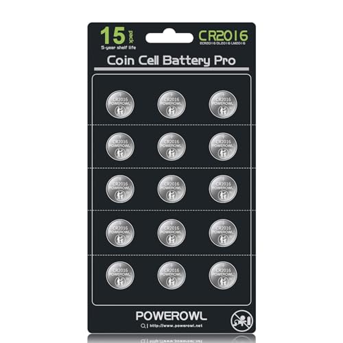 POWEROWL High Capacity CR2016 Battery (15-Pack) CR 2016 3v Lithium Batteries, 10 Years Leak-Free