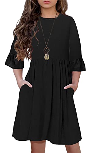 HOSIKA Little Girls Ruffle Sleeve A-Line Swing Stretchy Soft Party Dress with Pockets for 12 Years Kids Black XL