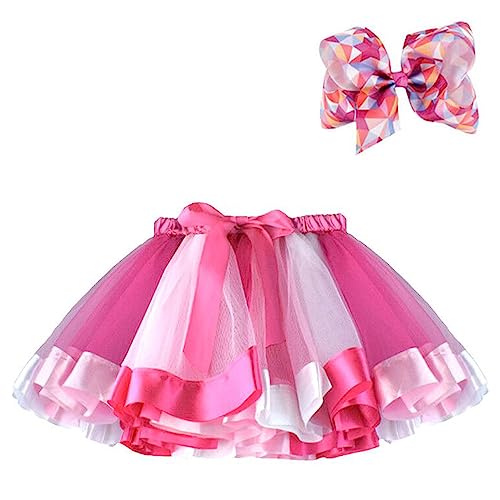 BGFKS Layered Ballet Tulle Rainbow Tutu Skirt for Little Girls Dress Up with Colorful Hair Bows (Hot Pink,4-8X)