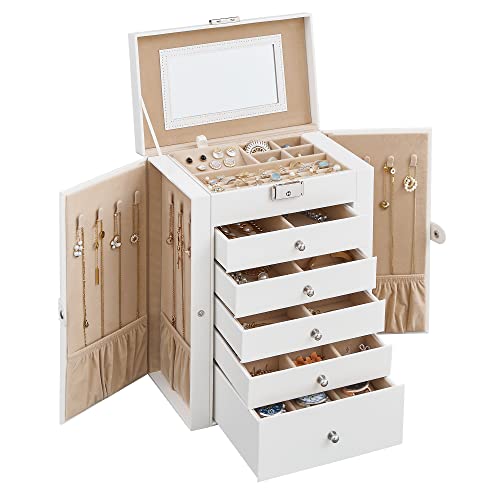 SONGMICS 6 Tier Jewelry Box, Jewelry Case with 5 Drawers, Large Storage Capacity, with Mirror, Lockable, Jewelry Storage Organizer, Mother's Day Gifts, For Watches, White UJBC152W01