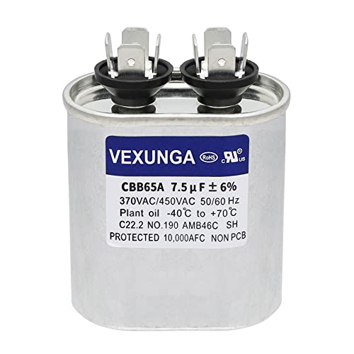 VEXUNGA 7.5uF 370/440VAC 50/60Hz CBB65 CBB65A Oval Run Start Capacitor 7.5 MFD 370V/440V Air Conditioner Capacitors for AC Unit Fan Motor Start or Pool Pump or Air Condenser Straight Cool