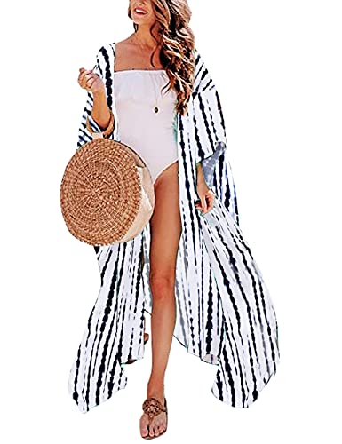 Women Tie Dye striped Print Long Kimono Swimsuit Beach Cover Up Dress Cardigan Swimwear Bikini Bathing Suit Cover Ups White