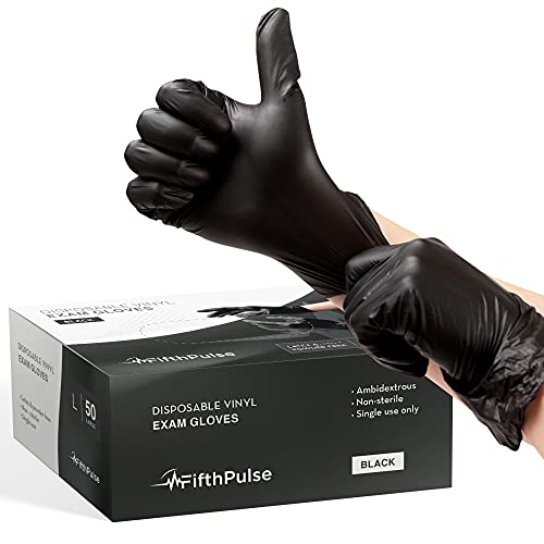 FifthPulse Black Vinyl Disposable Gloves X Large 50 Pack - Latex Free, Powder Free Medical Exam Gloves - Surgical, Home, Cleaning, and Food Gloves - 3 Mil Thickness