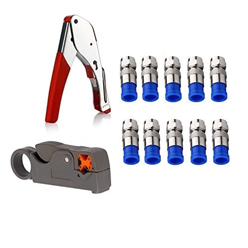 Gaobige Coax Cable Crimper Kit Tool for rg6 rg59 Coaxial Compression Tool Fitting Wire Stripper with Gaobige 10pcs F Compression connectors - Grey