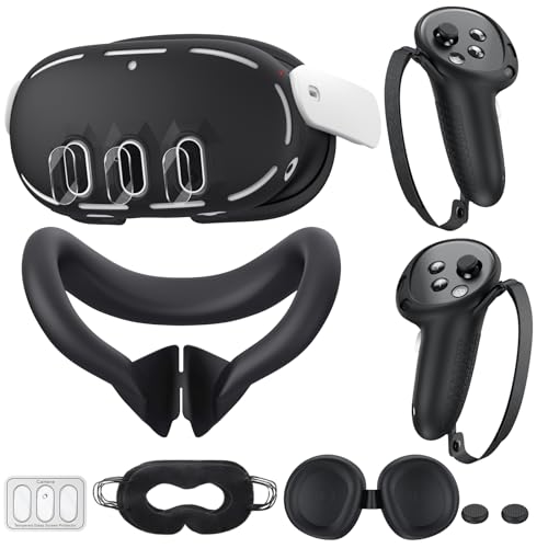 Silicone Cover Compatible with Meta/Oculus Quest 3 Accessories, VR Silicone Face Cover, VR Shell Cover,Touch Controller Grip Case,Camera Lens Protector Set (Black)