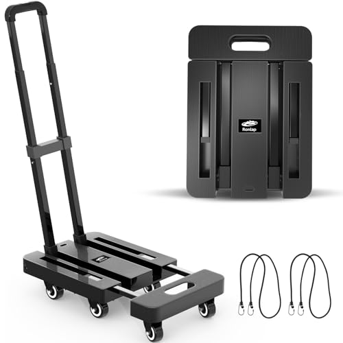 Ronlap Folding Hand Truck, Foldable Dolly Cart for Moving 500lbs Heavy Duty Luggage Cart Portable Platform Cart Collapsible Dolly with 6 Wheels & 2 Ropes for Travel House Office Moving, Black