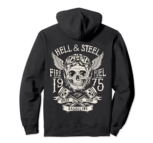 Hell and Steel Skull and Pistons Vintage Motorcycle Pullover Hoodie