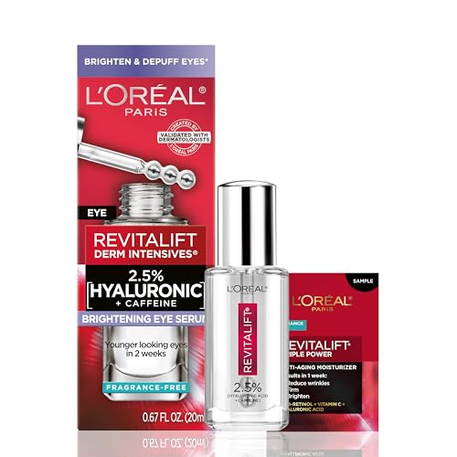 L'Oreal Paris Revitalift Hyaluronic Acid + Caffeine Hydrating Eye Serum for Dark Circles, Fragrance Free .67 fl. oz + Moisturizer Sample