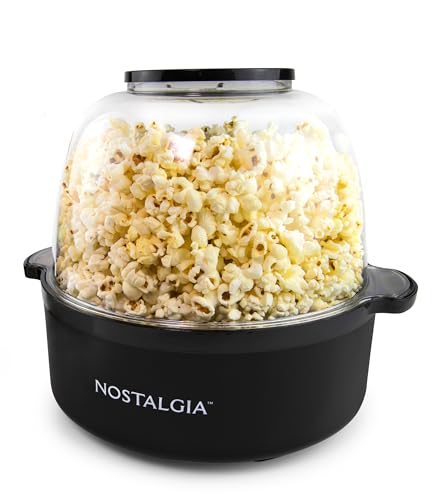 Nostalgia 6-Quart Stirring Popcorn Popper With Quick-Heat Technology, Makes 24 Cups of Popcorn, Kernel Measuring Cup, Oil Free, Makes Roasted Nuts, Perfect for Birthday Parties, Black
