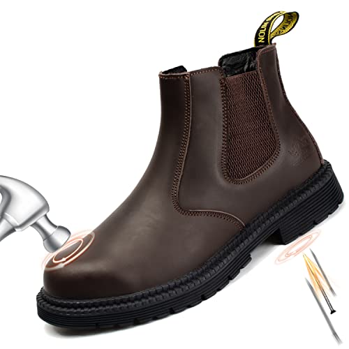 NOLINSHIELD Steel Toe Boots for men,Slip-on Lightweight Working Boots,Safety,Leather,Comfortable,Puncture-Proof,Mechanic Work Boots,brown,10.5
