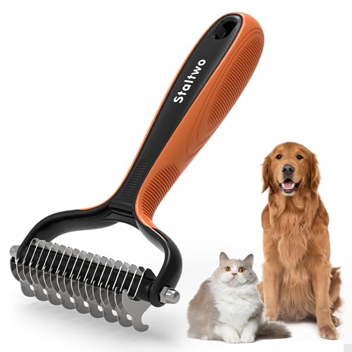 Staltwo Deshedding Dog Brush for Shedding - 2-in-1 Professional Undercoat Rake and Furminator for Dogs | Shedding Control for Long-Haired Dogs and Cats, Deshedding Tool, Knot Removal,Orange