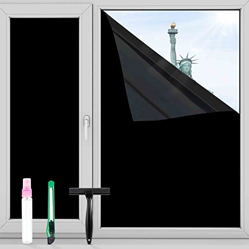 FuFin Total Blackout Window Privacy Film with Free Installation Tools,Explosion-Proof PET Material,Blocks 100% of UV and Light Rays.Heat Control Room Darkening Cover(Total Black 17.5'×78.7')