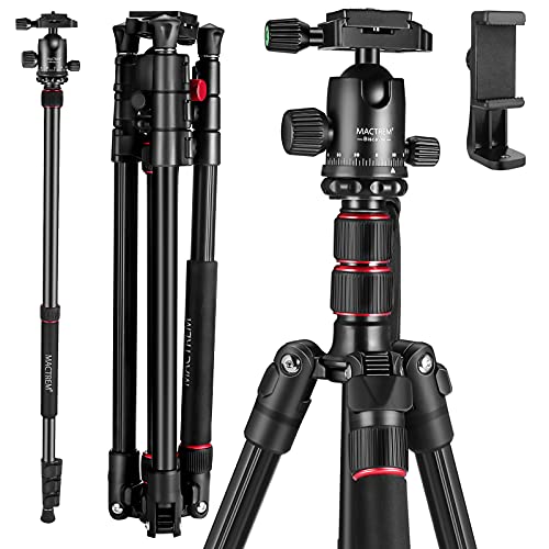 MACTREM 80' Camera Tripod, DSLR Tripod Heavy Duty for Travel, 360 ° Ball Head Professional Aluminum Tripod & Monopod with Carry Bag Compatible with Canon Nikon Binoculars Laser Telescope, 33lb Load