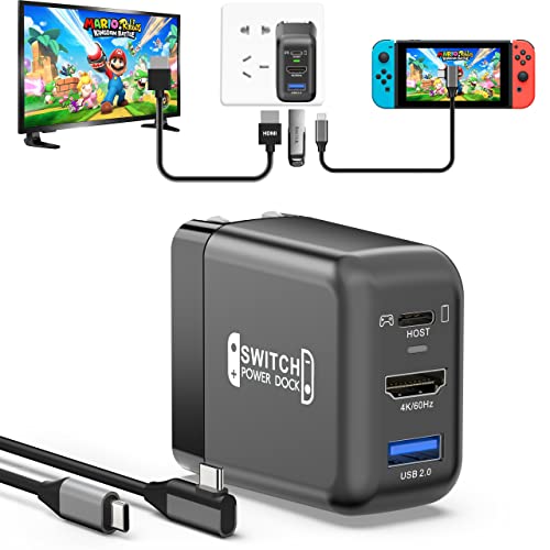 Switch Dock Charger for Nintendo Switch/OLED, Portable TV Docking Station for Nintendo Switch 4K@60Hz HDMI/USB2.0/PD USB-C Fast Charging Ports, Portable Switch Dock Charger with USB-C Cable