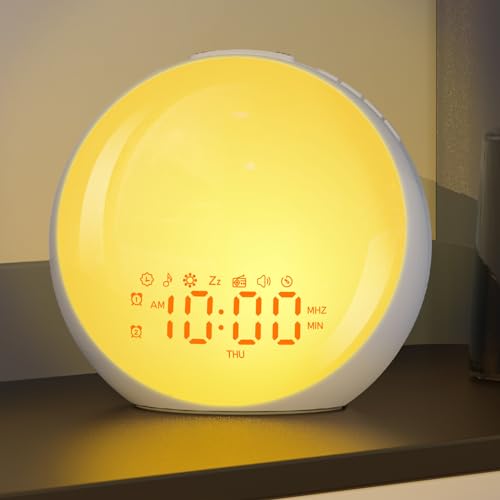 Sunrise Alarm Clock Wake Up Light, Alarm Clock with Sunrise/Sunset Simulation, 8 Colors Night Light, 10 Soothing Sounds, FM Radio, Dual Alarms, Snooze, Loud Alarm Clock for Heavy Sleepers Adults Kids