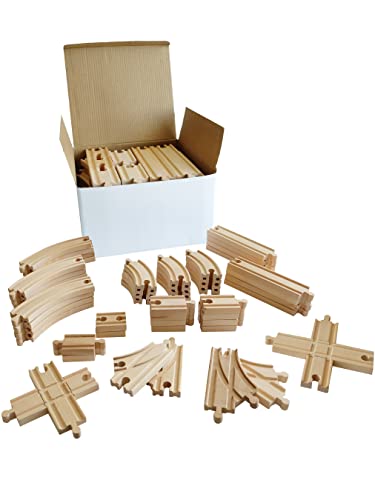 Tiny Conductors Wooden Train Set - 52-Piece Train Track Collection Compatible w/ Thomas The Train & Other Major Railroad Toy Brands, Wooden Toys for Girls & Boys