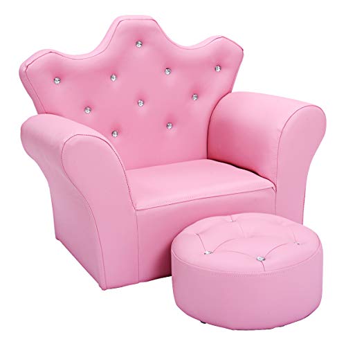 Costzon Kids Sofa, Children Upholstered Sofa with Ottoman, Princess Sofa with Diamond Decoration, Smooth PVC Leather Toddler Chair, Kids Couch for Boys and Girls, Gift for Toddlers (Pink)