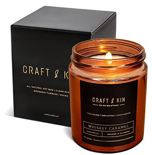 Craft & Kin Scented Candles for Men | Premium Whiskey Caramel Scented Candle | All-Natural Soy Candles, Rustic Home Decor Novelty Candle, Non-Toxic Ultra Clean Burn Aromatherapy Amber Jar Candle