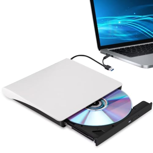 Hcsunfly External CD/DVD Drive for Laptop, Type-C CD/DVD Player USB 3.0 Portable Burner Writer Reader Compatible with Mac MacBook Pro/Air iMac Desktop Windows 7/8/10/XP/Vista(White)