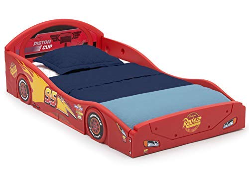 Delta Children Disney Pixar Cars Lightning McQueen Race Car Sleep and Play Toddler Bed with Attached Guardrails