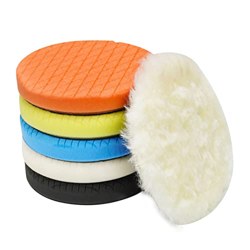 Autolock 5' Buffing Polishing Pads, 6Pcs 5.6inch 140mm Face for 5 Inch Backing Plate Compound Buffing Sponge and Woolen Pads Cutting Polishing Pad Kit for Car Buffer Polisher, Polishing and Waxing