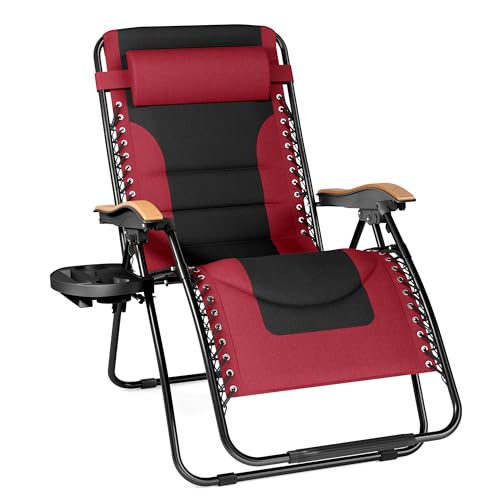 PHI VILLA XXL Oversized Padded Zero Gravity Chair, Foldable Patio Recliner, 30' Wide Seat Anti Gravity Lounger with Cup Holder, Support 400 LBS (Red)