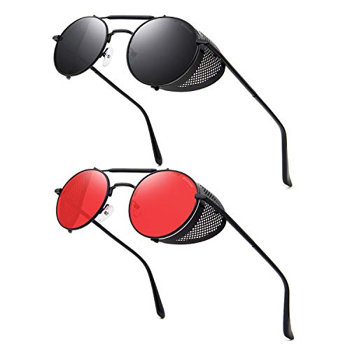 RONSOU Steampunk Style Round Vintage Sunglasses Retro Eyewear UV400 Protection Matel Frame Gray & Red Lens