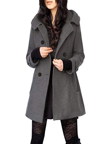 Tanming Women's Warm Double Breasted Wool Pea Coat Trench Coat Jacket with Hood (Grey-L)