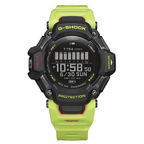 Casio Men's G-Shock Move GBD-H2000 Series, Multisport (Run, Bike, Swim, Gym Workout), GPS + Heart Rate Watch, Quartz Solar Assisted Black Watch with Volt Yellow Resin Strap