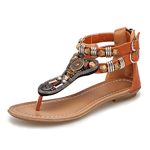 iCKER Women's Ankle Strappy Gladiator Sandals Beach Bohemia Thong Flat Sandal Shoes 0989-Brown-8.5