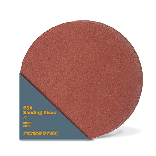 POWERTEC 45508 5-Inch PSA Sanding Disc, 80 Grit, Aluminum Oxide Adhesive Sandpaper for Random Orbital Sander, 1x30 Belt Disc Sander, 20PK