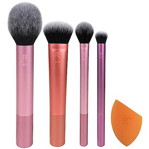 Real Techniques 5 Piece Everyday Essentials Makeup Brush Set, Includes 4 Brushes & Makeup Sponge, For Foundation, Blush, Bronzer, Contour, Eyeshadow, & Powder, Travel Gift Set, Cruelty-Free & Vegan