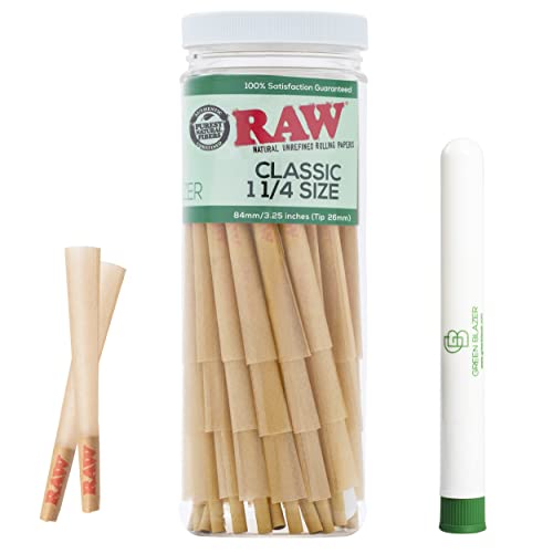 RAW Cones 1 1/4 Size: 50 Pack Patented Slow Burning Pre Rolled Rolling Papers & Tips, Classic Raw Paper, 84mm