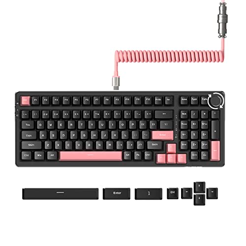 A.JAZZ AK992 99Keys HotSwappable Bluetooth5.0/2.4G/Wired,Gasket Mount,Mechanical PC Gaming Keyboard,Coiled USB C Cable,1200mAH Battery,DIY Linear Switch,Knob PBT Keycaps for Win MAC(Blackpink)