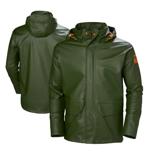 Helly-Hansen Workwear Gale Waterproof Jackets for Men Made from Heavy-Duty Polyurethane on Polyester Knit for High Mobility, Army Green - Large