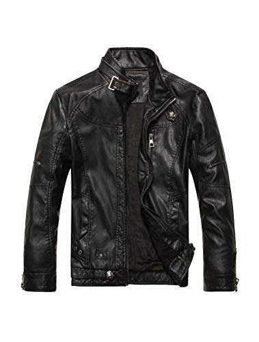 PASOK Men's Faux Leather Jacket Vintage Stand Collar Motorcycle PU Leather Outwear Coat 8822 Black M