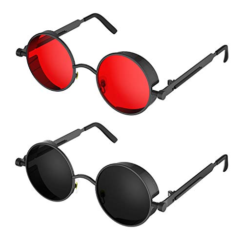 PROUDDEMON Retro Gothic Steampunk Sunglasses for Women Men Round Lens Metal Frame(2pack Black Grey & Black Red)
