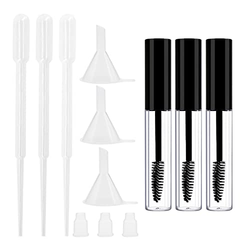 Debaishi 3 pack 10ml Empty Mascara Tube Bottle with Eyelash Wand,Rubber Inserts,Funnels and Tubes,Eyelash Cream Container Bottle with Funnels Transfer Pipettes,for Castor Oil/Eyelash Growth Oil