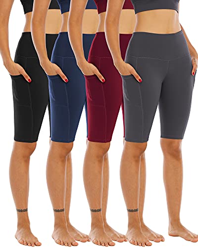 WHOUARE 4 Pack Biker Yoga Shorts with Pockets for Women,High Waisted Athletic Running Workout Gym Tummy Control,Black,Navy,Dark Gray,Burgundy,XXL